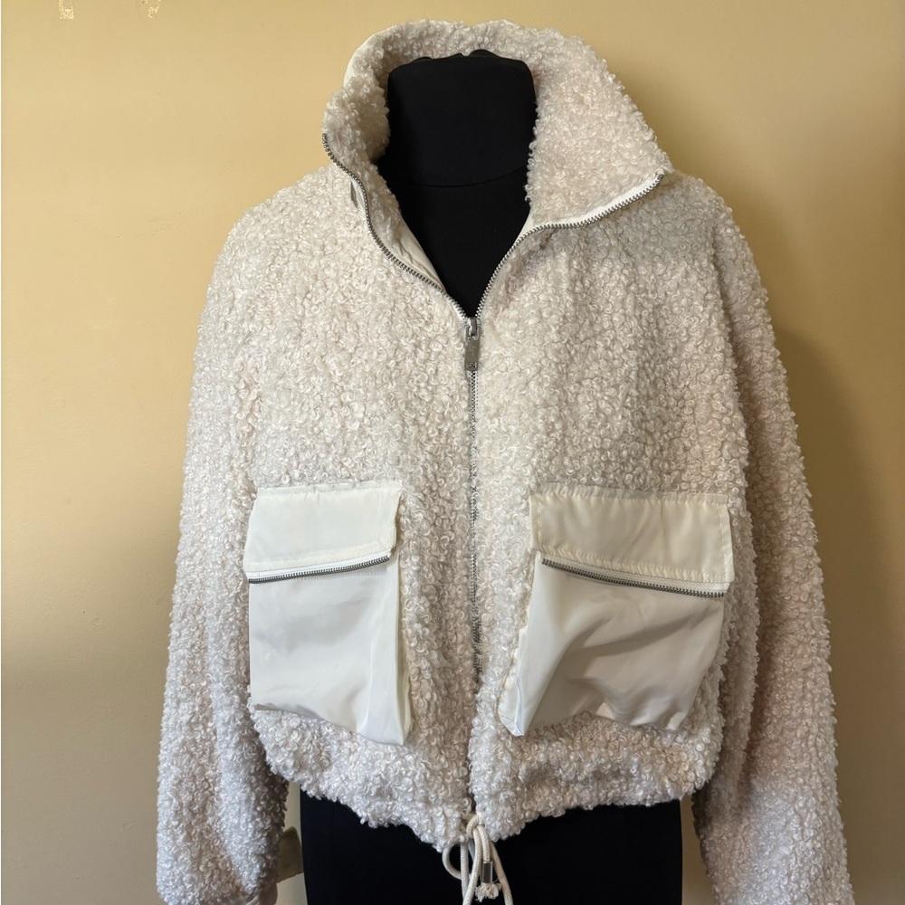Forever 21 Cream Sherpa Zip Jacket (Size L